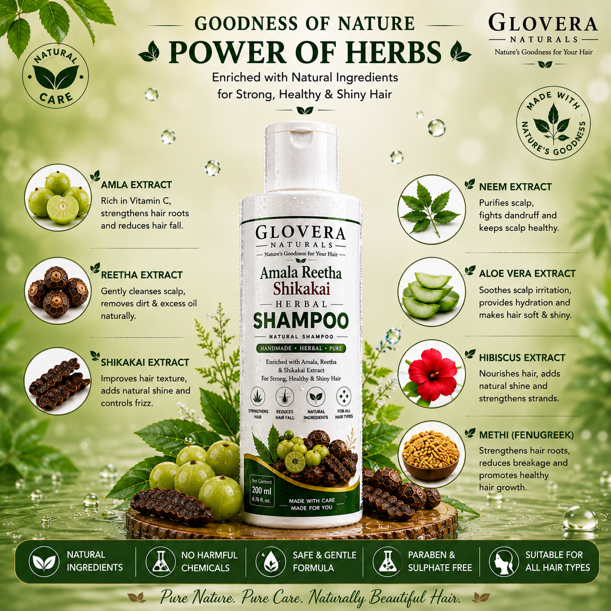 Glovera Naturals Amla Reetha Shikakai Herbal Shamlpo | Natural Hair Care Shampoo