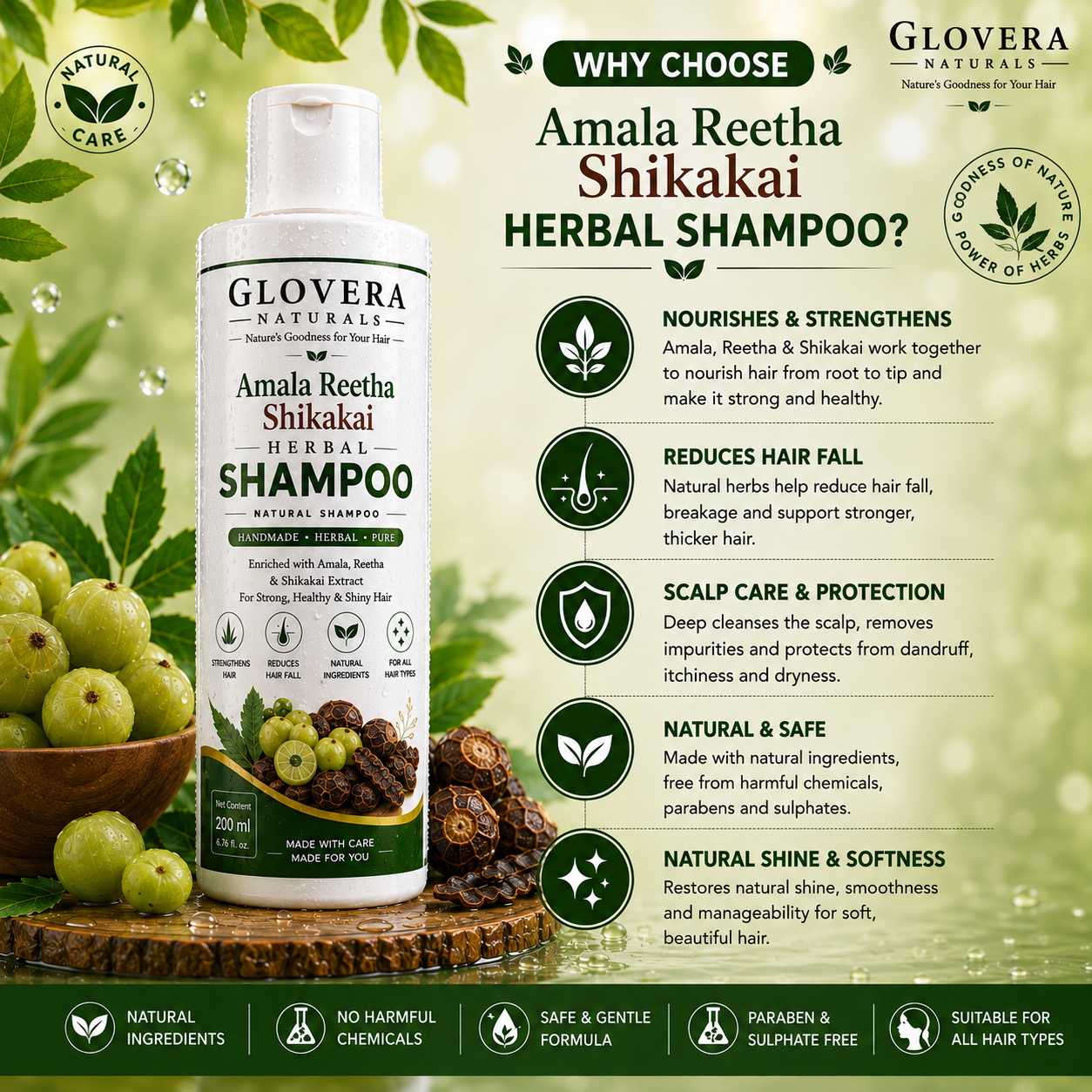 Glovera Naturals Amla Reetha Shikakai Herbal Shamlpo | Natural Hair Care Shampoo