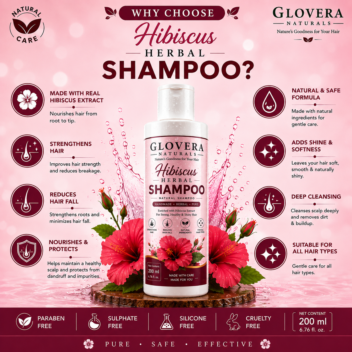 Glovera Naturals Hibiscus Herbal Shampoo – For Strong, Healthy & Shiny Hair | 200 ml