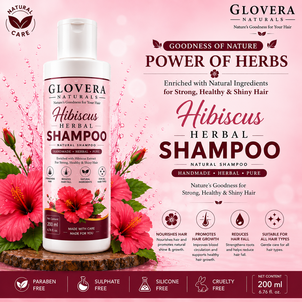 Glovera Naturals Hibiscus Herbal Shampoo – For Strong, Healthy & Shiny Hair | 200 ml