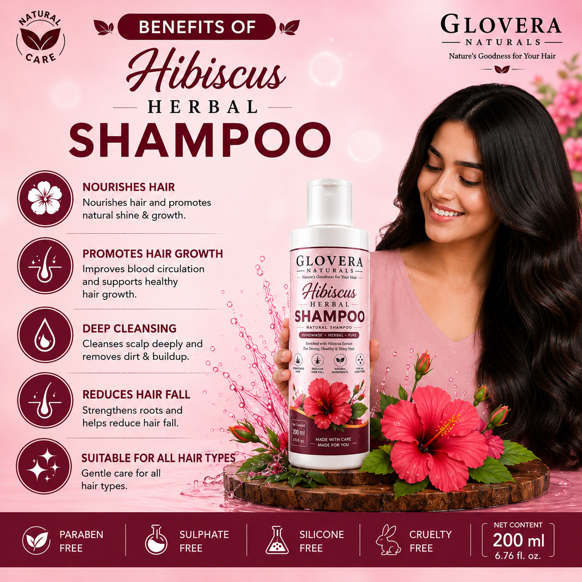 Glovera Naturals Hibiscus Herbal Shampoo – For Strong, Healthy & Shiny Hair | 200 ml
