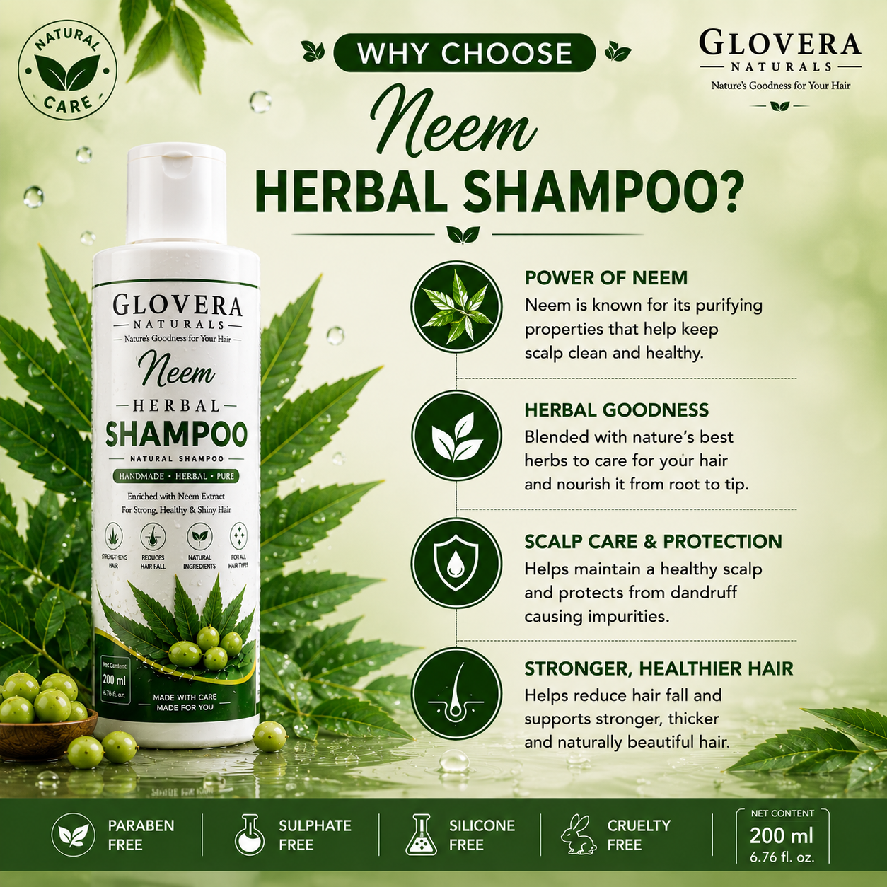 Glovera Naturals Neem Organic Shampoo | Neem Extract | 200 ml