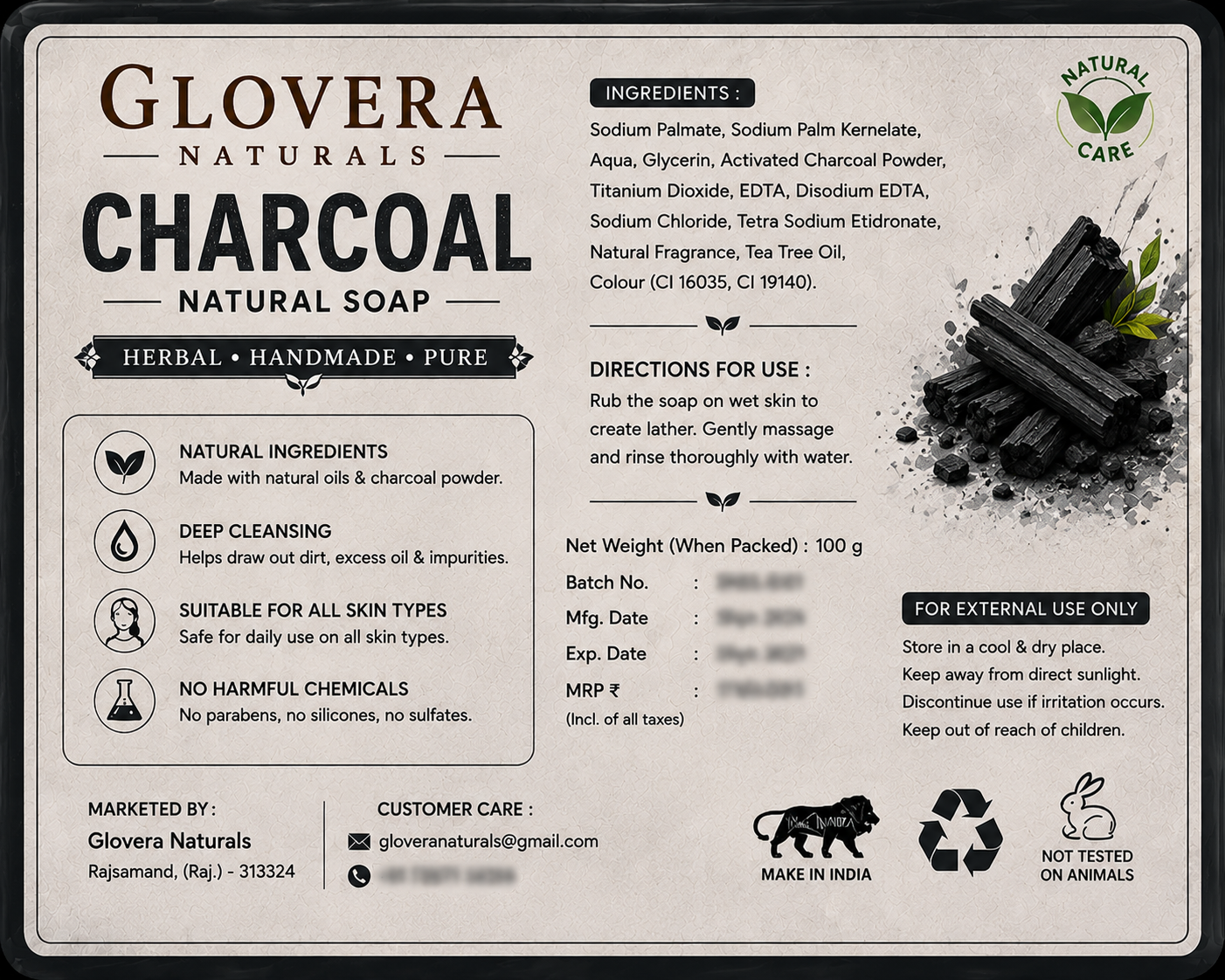 Glovera Naturals Charcoal Herbal Soap | 100g | Premium Herbal Bath Soap
