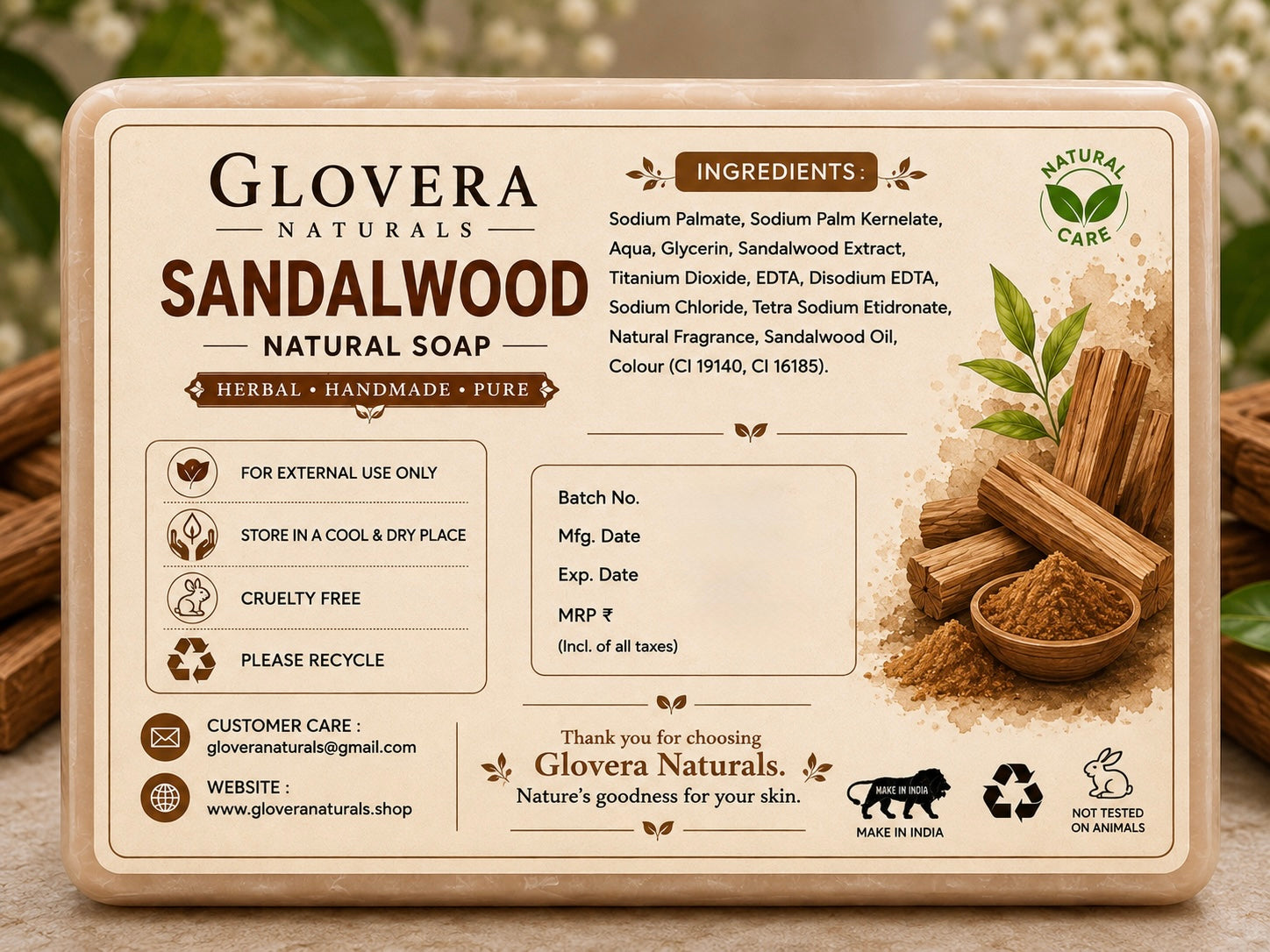 Glovera Naturals Sandalwood Herbal Soap - 100g