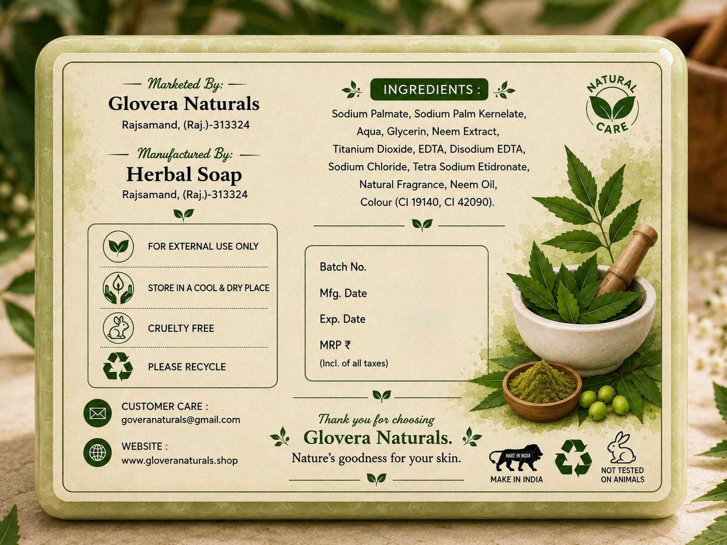 Glovera Naturals Neem Herbal Soap - 100g